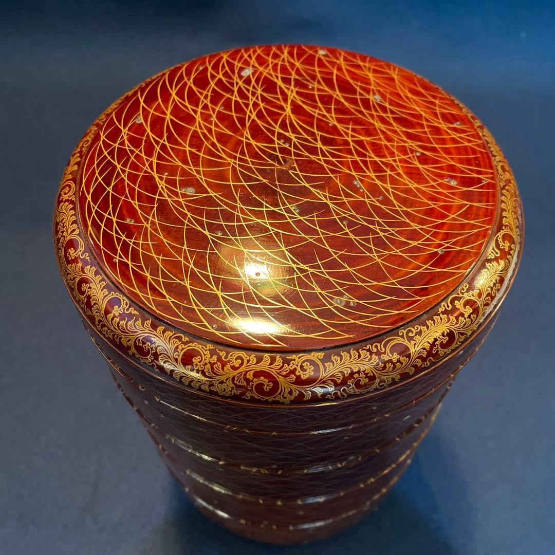 時代物「秋草に露 蒔絵」の『丸型重箱』仕覆・共箱付※美品　重箱　野弁当箱　漆器