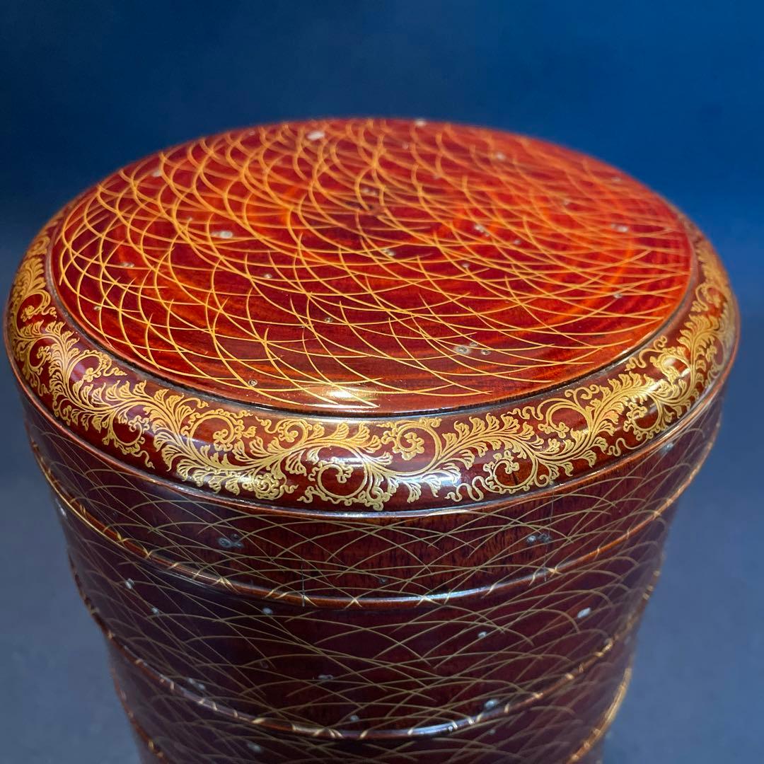 時代物「秋草に露 蒔絵」の『丸型重箱』仕覆・共箱付※美品　重箱　野弁当箱　漆器