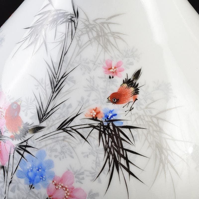 中国　余海犮作　景徳鎮製款　粉彩　漢詩花鳥文　玉壺春瓶　証明書付　MR9302B