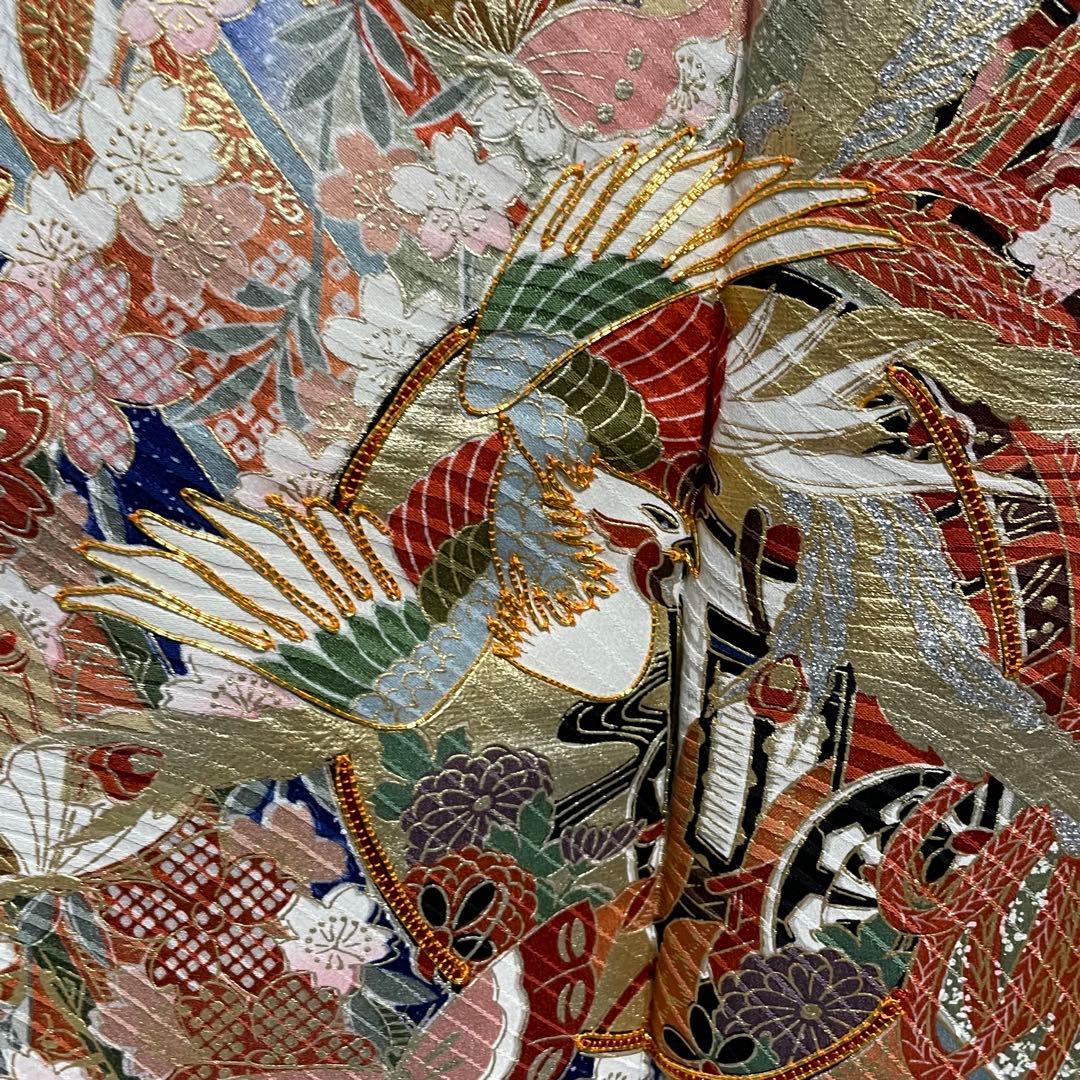 D774 振袖　枝垂れ桜　鼓み　金駒刺繍　正絹　着物　袷　極美品