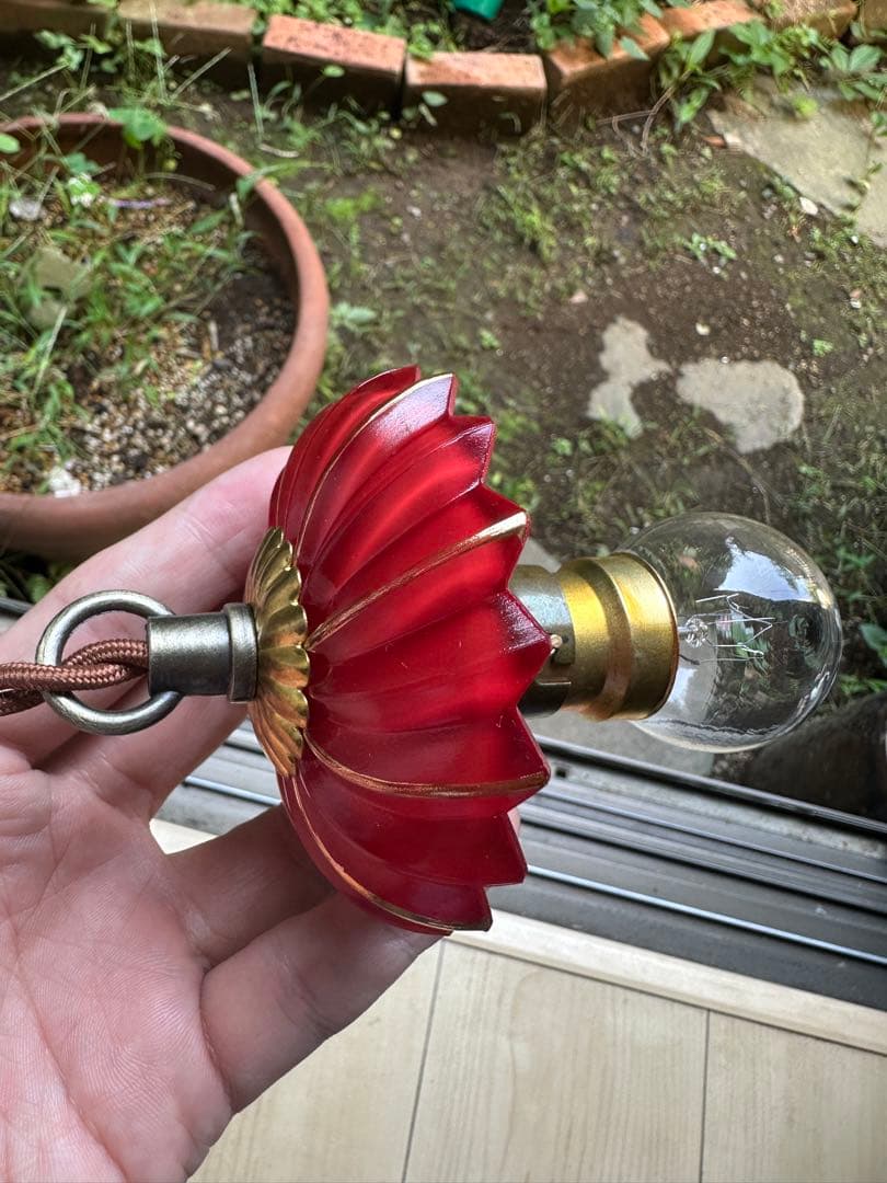 1920年代 フランス アンティーク クランベリーガラスの螺旋模様アトリエランプ