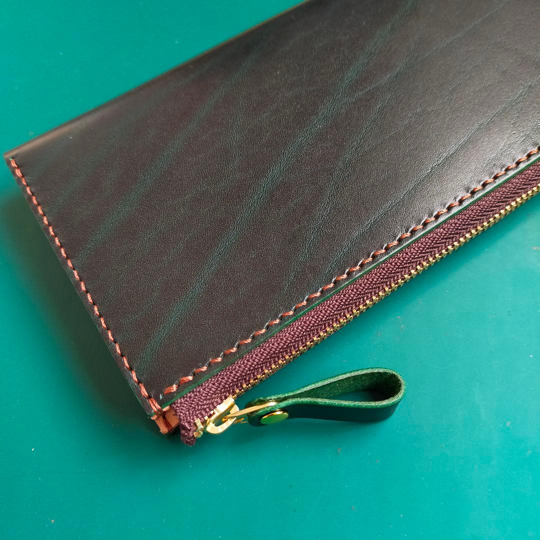 【かむ】ルガトショルダーグリーン　L字ファスナー長財布