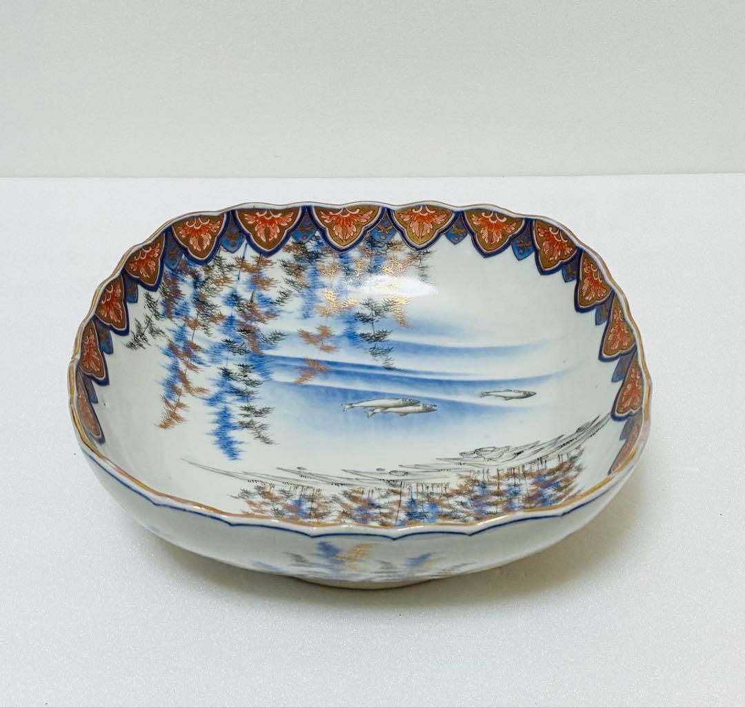 明治 香蘭社 有田焼 オールド香蘭社 代表意匠 色絵竹林鮎文 大鉢