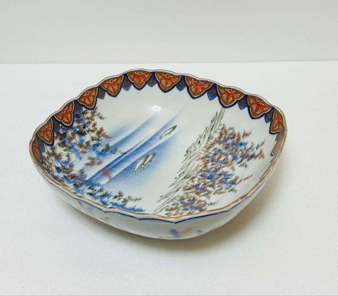 明治 香蘭社 有田焼 オールド香蘭社 代表意匠 色絵竹林鮎文 大鉢