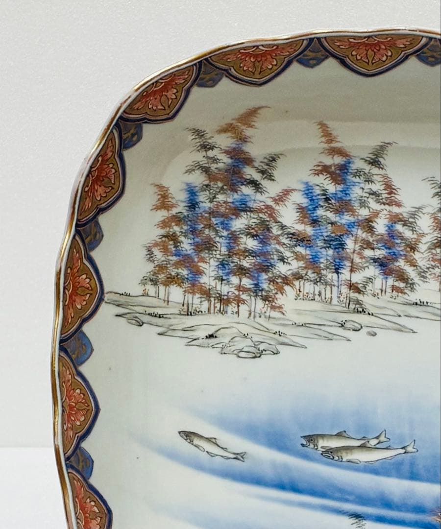 明治 香蘭社 有田焼 オールド香蘭社 代表意匠 色絵竹林鮎文 大鉢