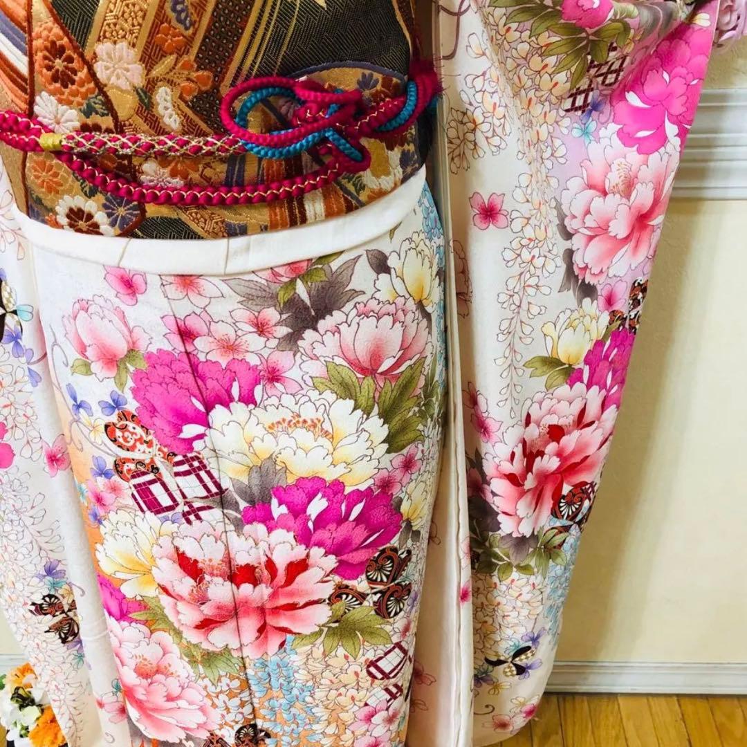 振袖フルセット‼️振袖ブランドLakokuIa❤️白地ピンク花々金彩 小物付 秀品‼️