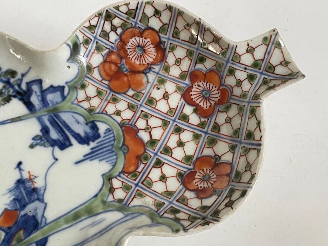 #2 骨董　アンティーク　色絵古九谷　色絵山水文瓢形向付　変形皿　古九谷