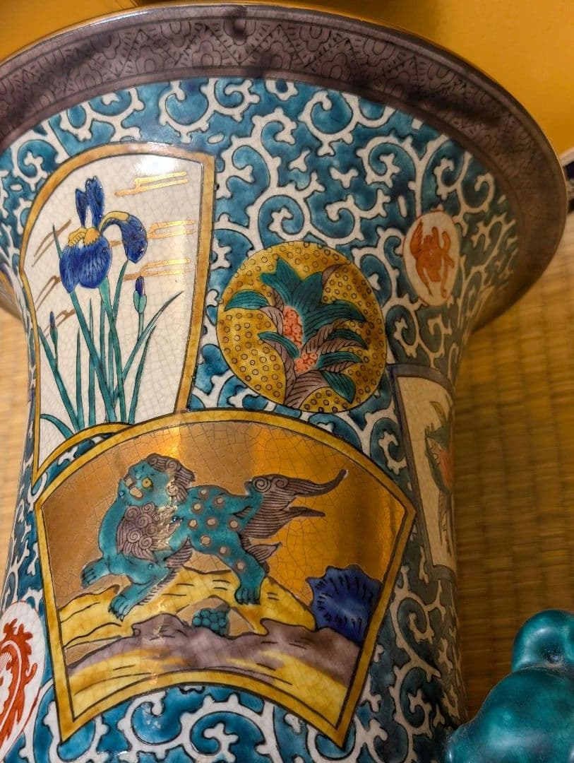 九谷焼　角福　青手　壺　花瓶 『双耳飾壺』