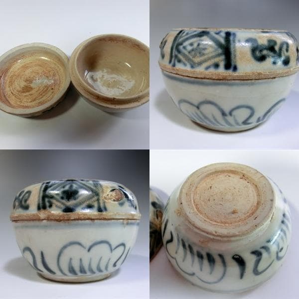 蓋物■呉須安南 古い染付 安南 丸香合 花唐草 青華 古玩 時代物 骨董品■