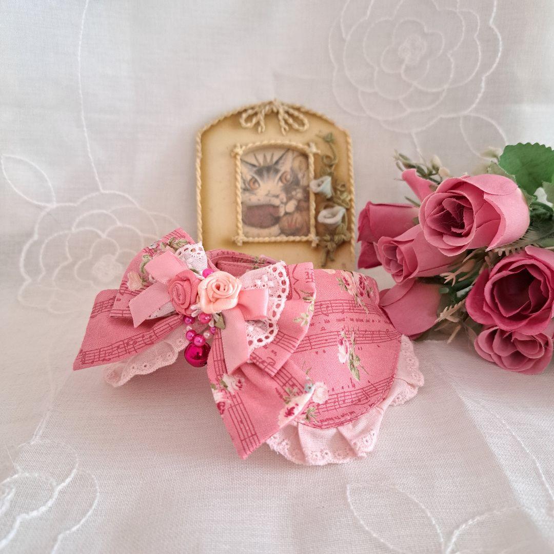 ローズ柄(コーラルピンク)わんちゃん猫ちゃん用襟付首輪