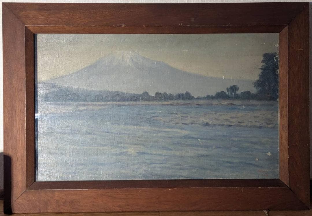 【真作】絵画　油彩8号　静寂なる湖畔と遠山　ブルートーンに包まれた朝景　Y16