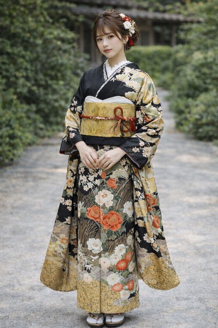 牡丹 菊 箔 金糸 黒 正絹 振袖 成人式　振袖6点セット　振袖フルセット