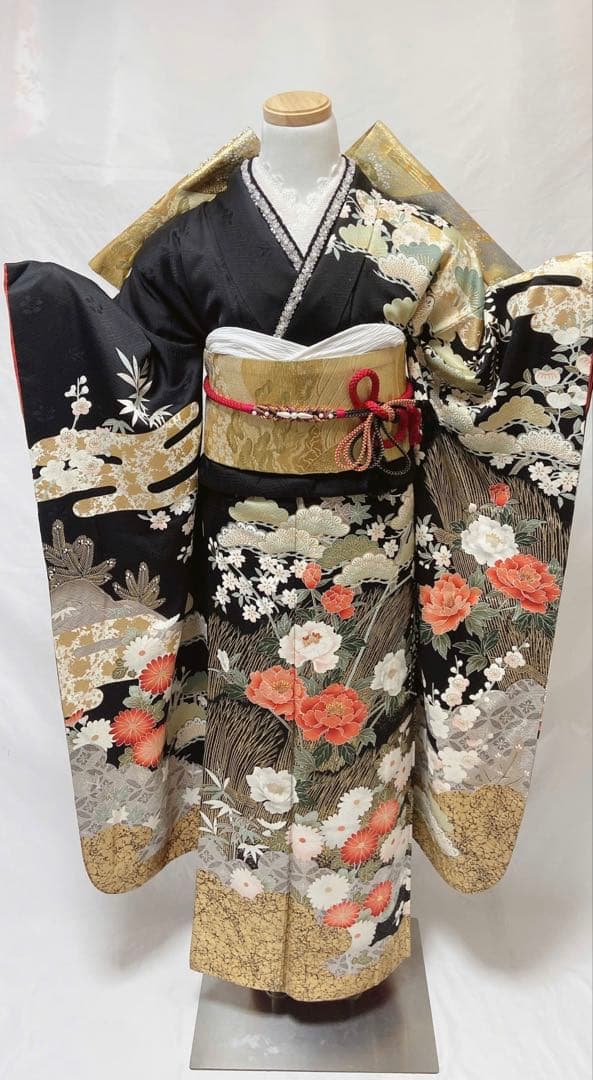 牡丹 菊 箔 金糸 黒 正絹 振袖 成人式　振袖6点セット　振袖フルセット