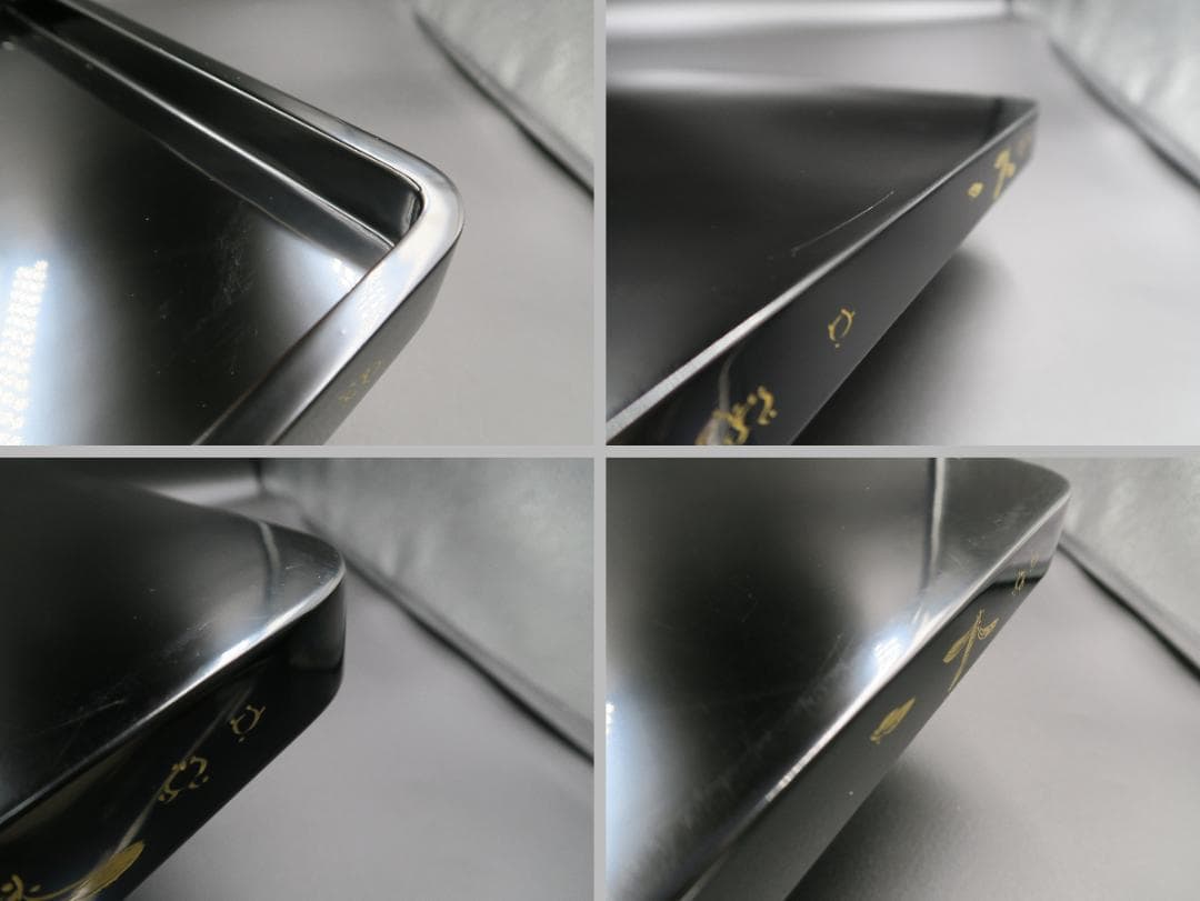 【輪島塗】四君子沈金 二段重 重台付 池盛政喜作 黒内朱塗 蓋二枚 天然木 共箱