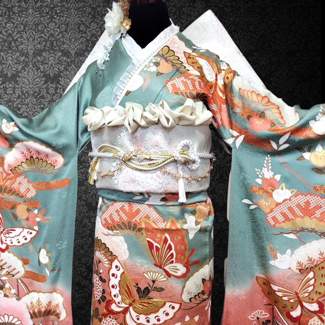 振袖フルセット(8点)・成人式・古典柄・金彩加工・くすみ・金駒刺繍・逸品