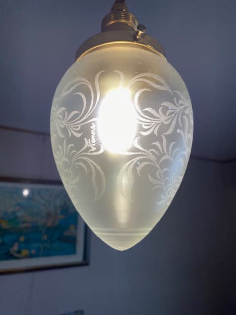 フランス　ビンテージ　エッチング装飾の卵型　ガラスランプ　シーリングライト