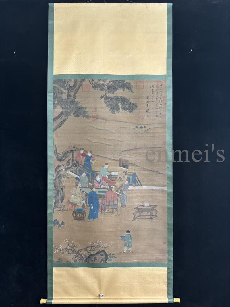 中国古美術 清時代 絹本手描き 劉松年作款 水墨画 人物画 六尺 双軸 古美味