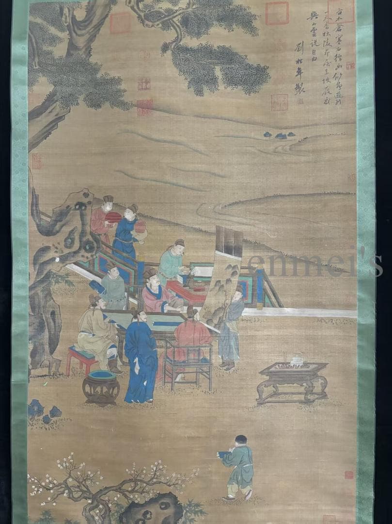 中国古美術 清時代 絹本手描き 劉松年作款 水墨画 人物画 六尺 双軸 古美味