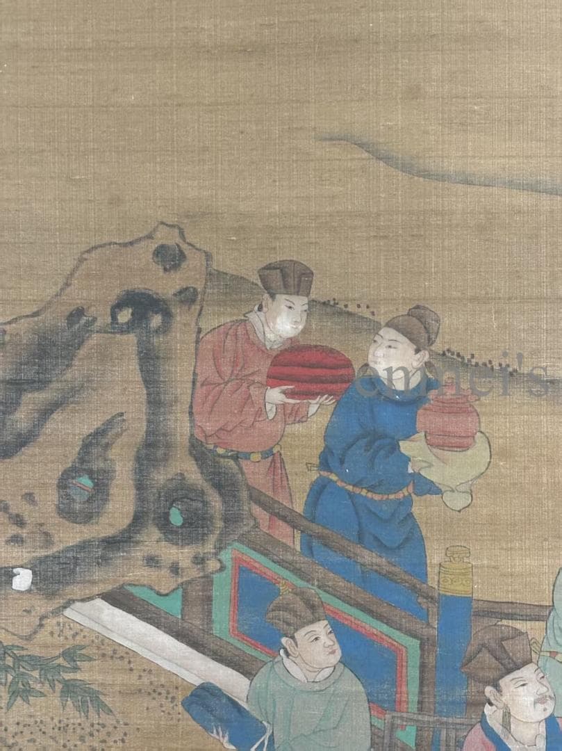 中国古美術 清時代 絹本手描き 劉松年作款 水墨画 人物画 六尺 双軸 古美味