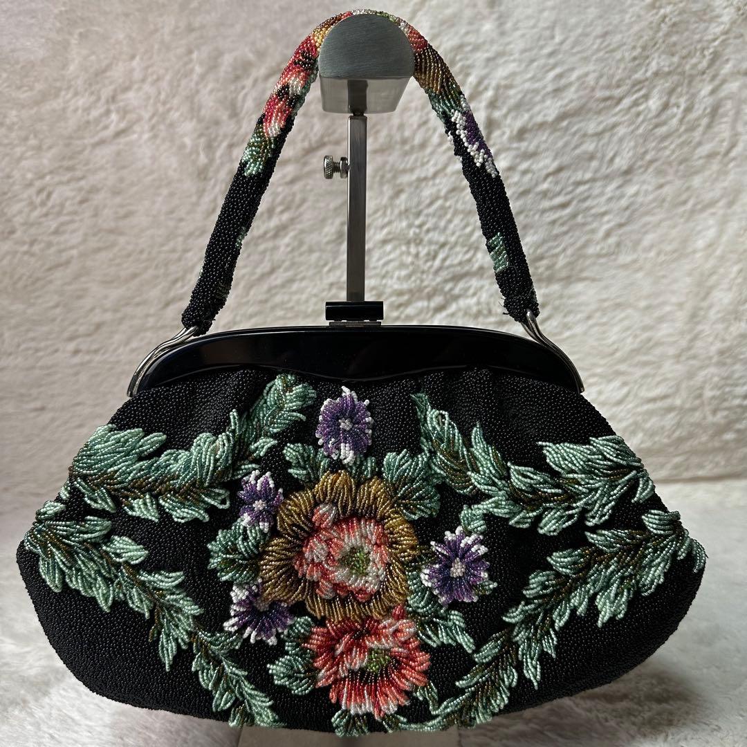 極美品 ビーズバッグ　アンティーク　総ビーズ 和装 花