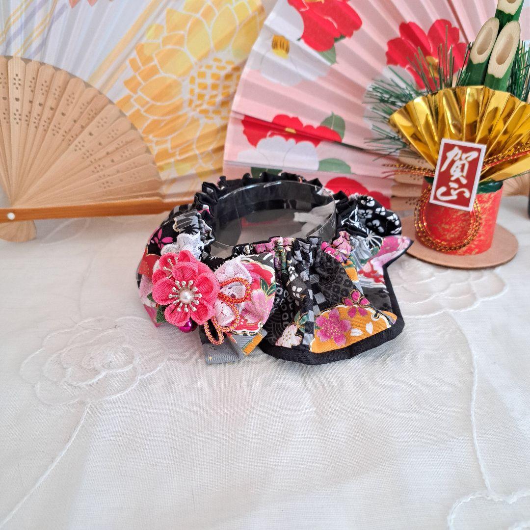 幅広シュシュ、和風妻み細工(黒×ピンク)わんちゃん猫ちゃん用