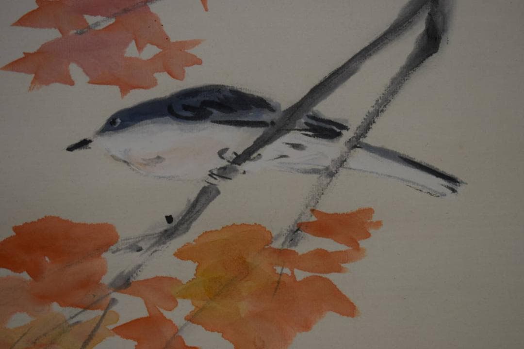 真作/小川千甕/紅葉菊に小禽図/布袋屋掛軸HJ-342