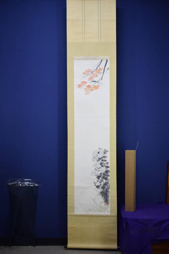 真作/小川千甕/紅葉菊に小禽図/布袋屋掛軸HJ-342