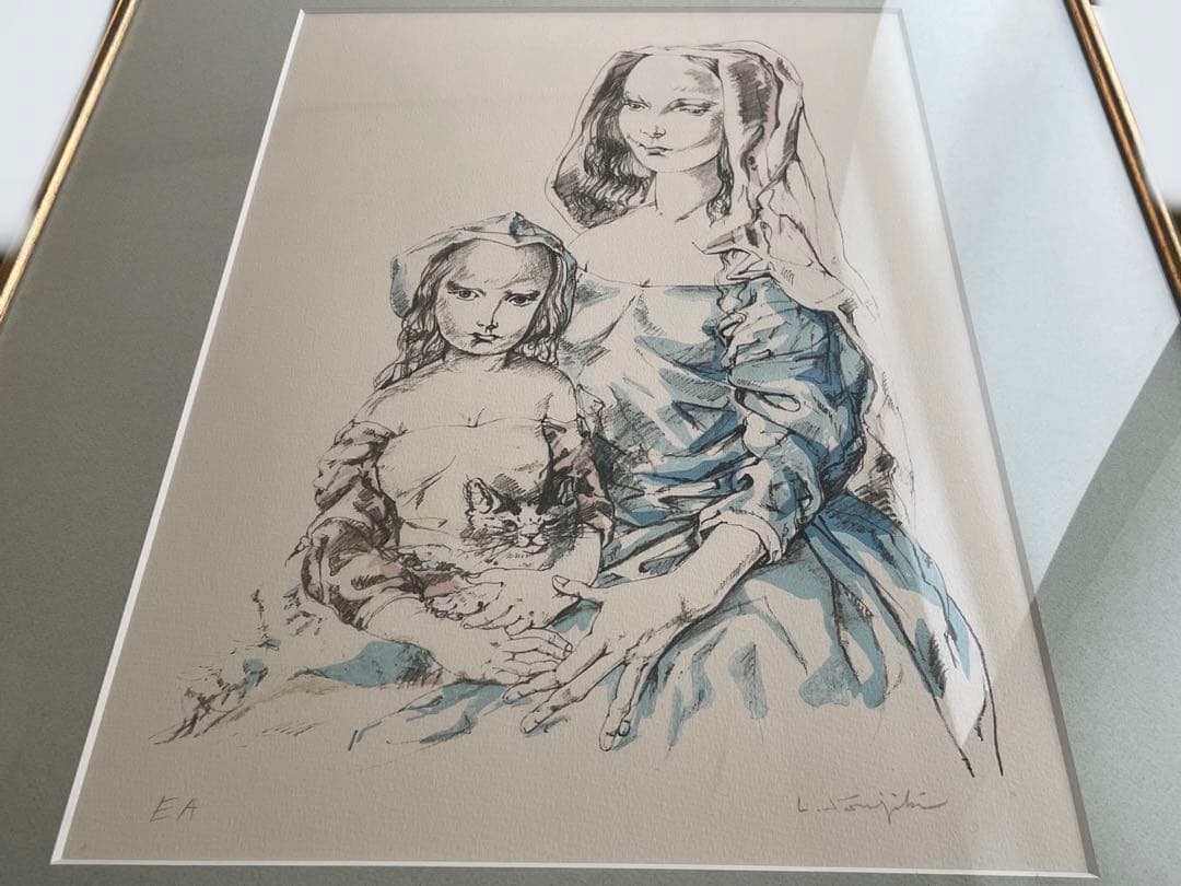 藤田嗣治　レオナール・フジタ　母子像　女性と子供　猫を抱く母子像　リトグラフ