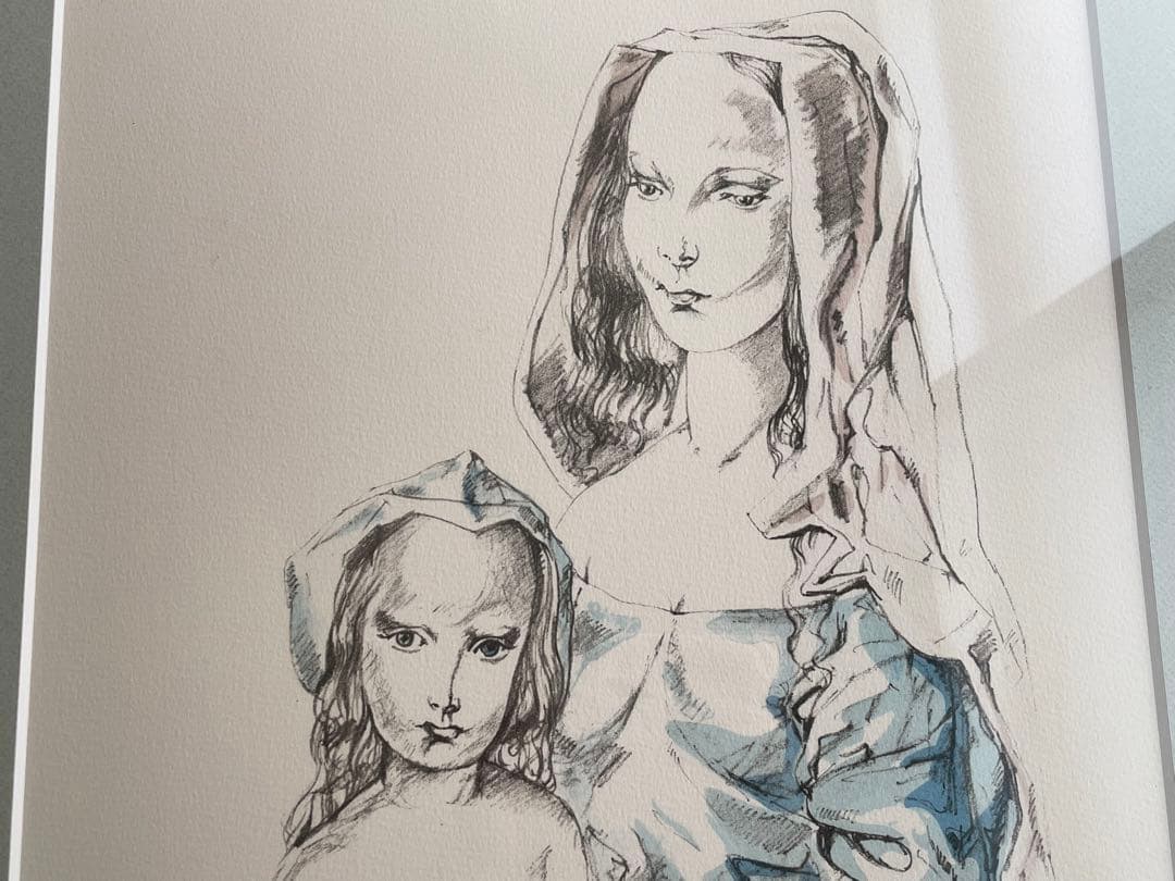 藤田嗣治　レオナール・フジタ　母子像　女性と子供　猫を抱く母子像　リトグラフ