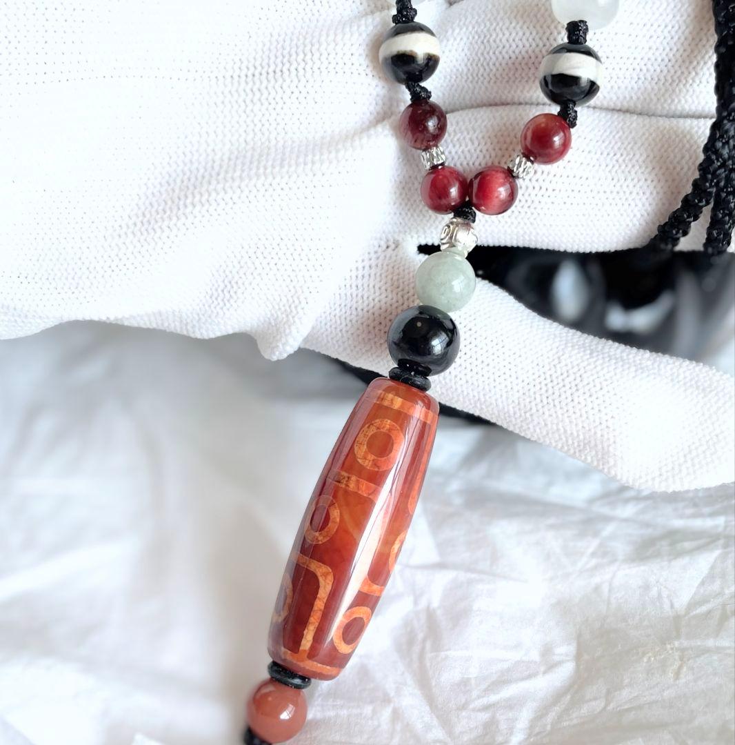 「龍紋 老礦 九眼天珠 薬師珠」赤天珠 天然石 御守り ネックレス 黒北投石