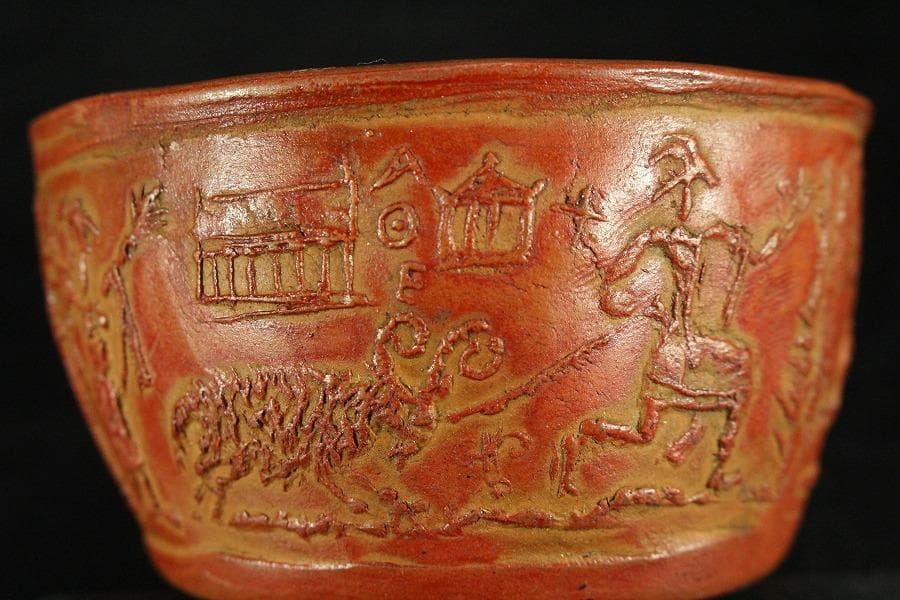 古い 西洋陶磁 朱泥 人物紋 茶器 桑蓋 茶道具伝来(K-YC381)