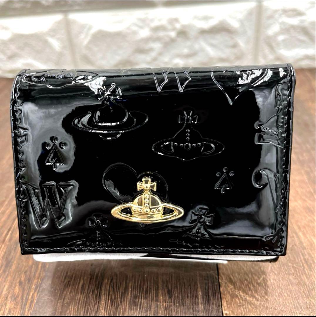 新品未使用　ヴィヴィアンウエストウッド 三つ折財布　黒　エナメル　がま口　③