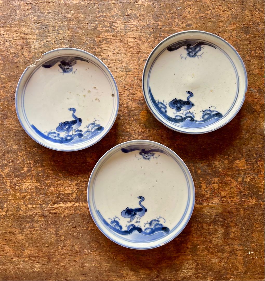 時代　古染付　雁の図　傷３枚セット　古伊万里　染付　食器　金直し練習用　古道具