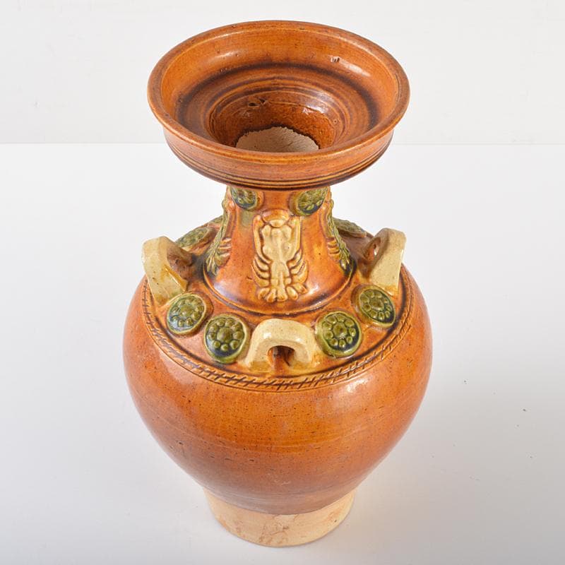 中国　唐三彩　四耳碗口瓶　高さ約29cm　V　R6419B