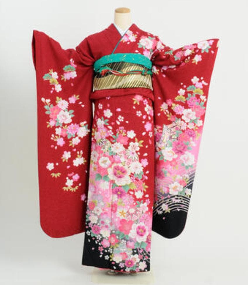 【中古品】成人式・卒業式・振袖 「赤梅ボタン」b270　身長 150〜168cm