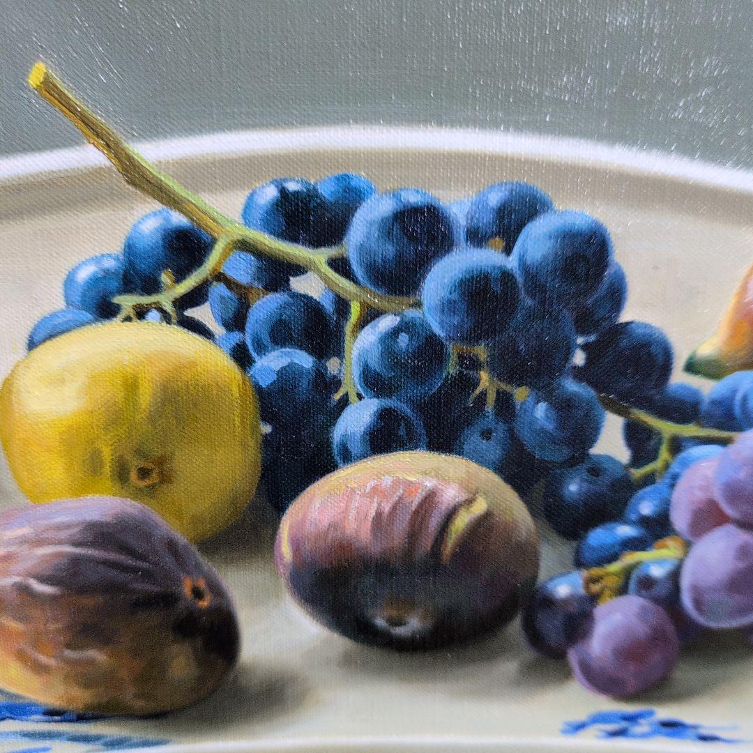 横浜市出身の洋画家川島実の【扇形皿の静物】（果物の静物画 ）、川島実F6号 油彩