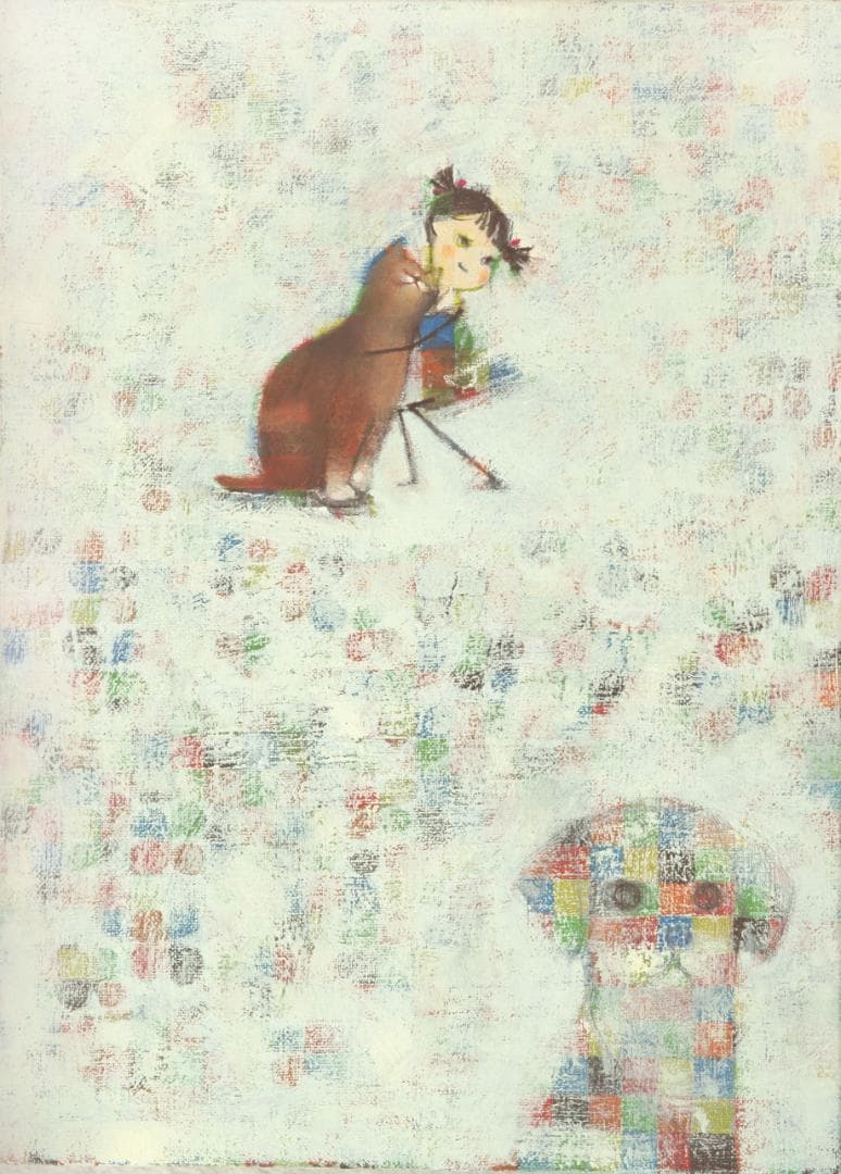 油絵 菅家令子絵 絵画インテリア額付(青緑＋金色の枠)F4-072419猫犬女子