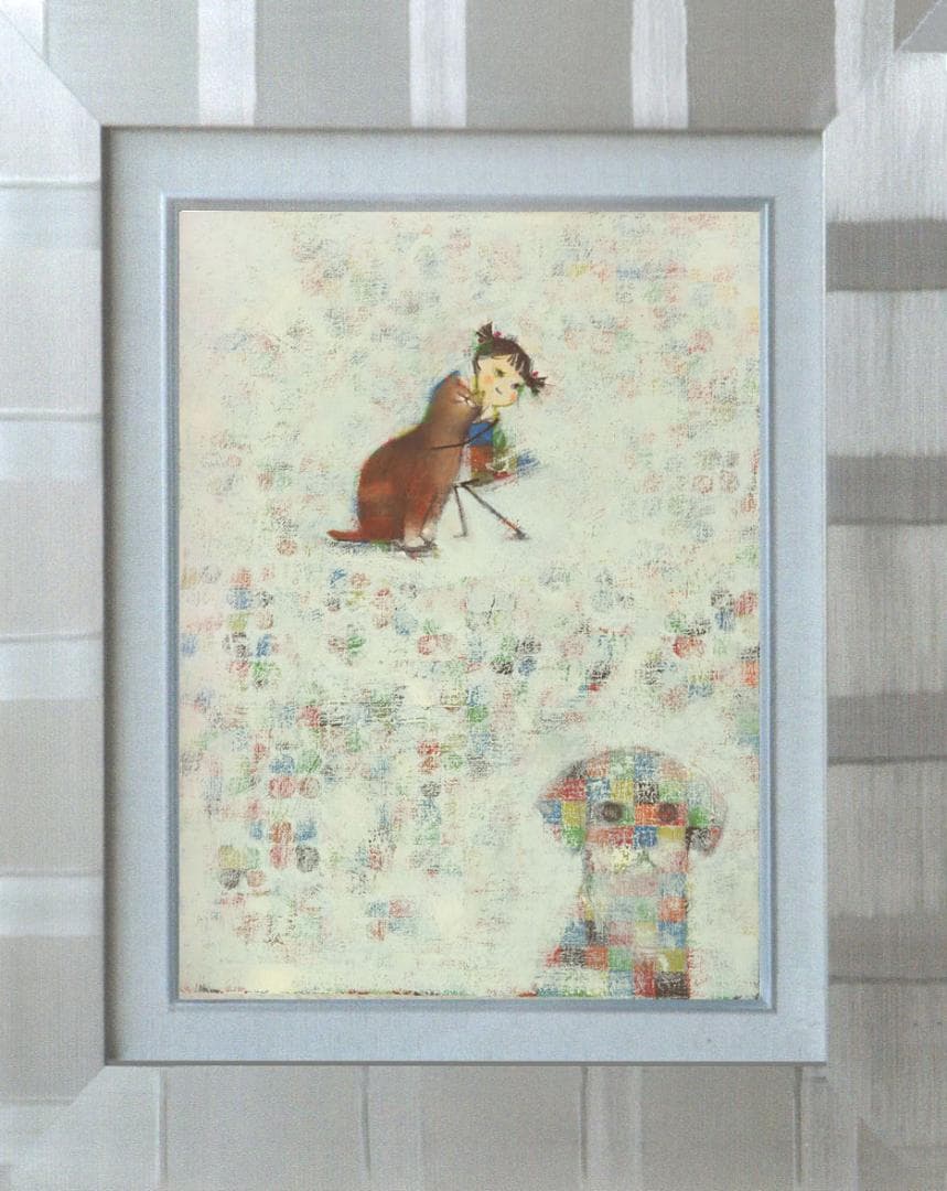 油絵 菅家令子絵 絵画インテリア額付(青緑＋金色の枠)F4-072419猫犬女子