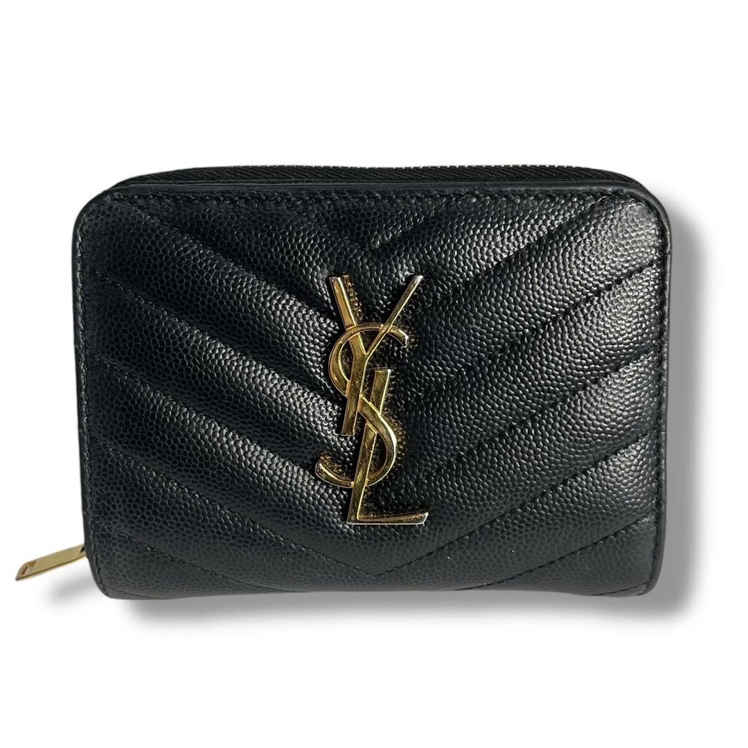 美品 サンローラン 財布 YSL キャビアスキン ブラック コンパクト 折財布