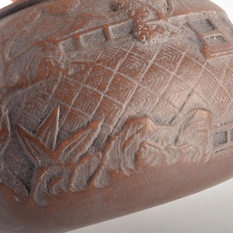 中国　紫砂　朱泥　楼閣山水文　急須　茶壷　在銘　N　6652