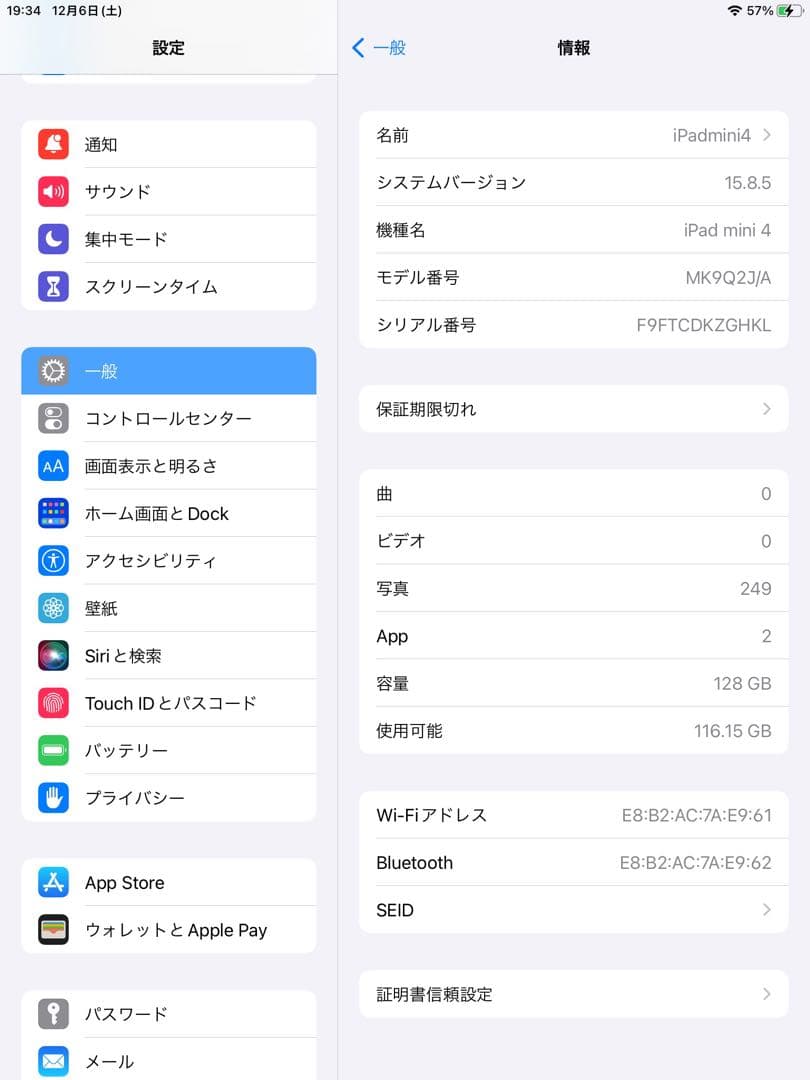 iPad mini第４世代wi-fi128GBバッテリー89.9%背面傷あり
