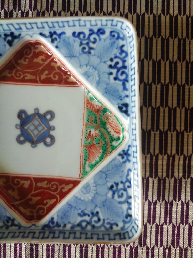 美品 古伊万里 色絵 染付 四方皿 正方形皿 アンティーク 陶芸 工芸品
