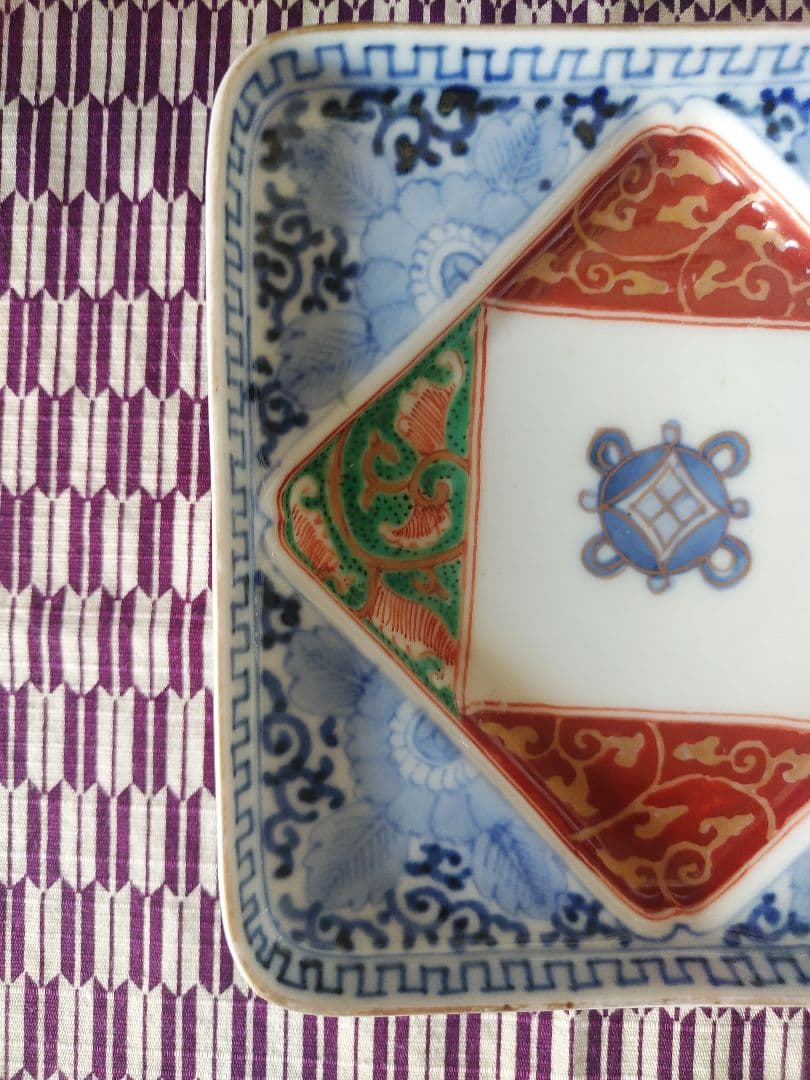 美品 古伊万里 色絵 染付 四方皿 正方形皿 アンティーク 陶芸 工芸品