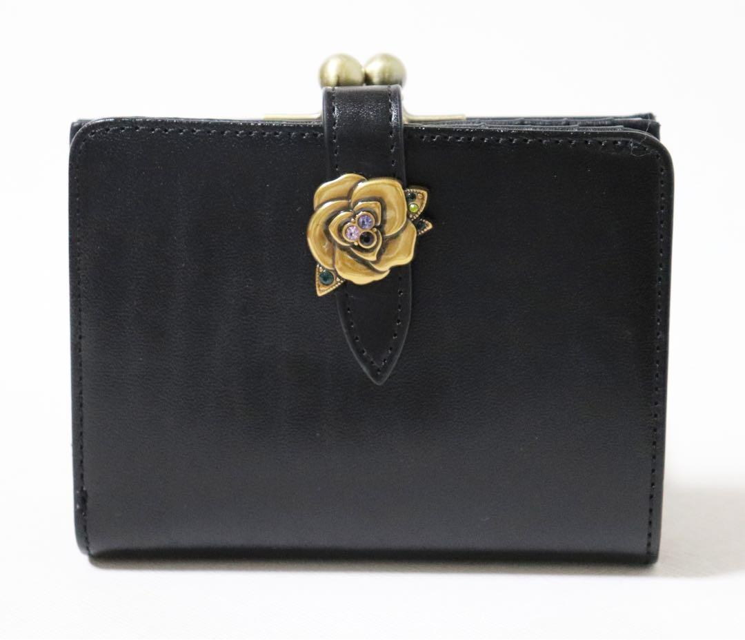 《アナスイ》未使用 ポケット多数 上品薔薇ブローチ付 レザー2つ折りがま口財布