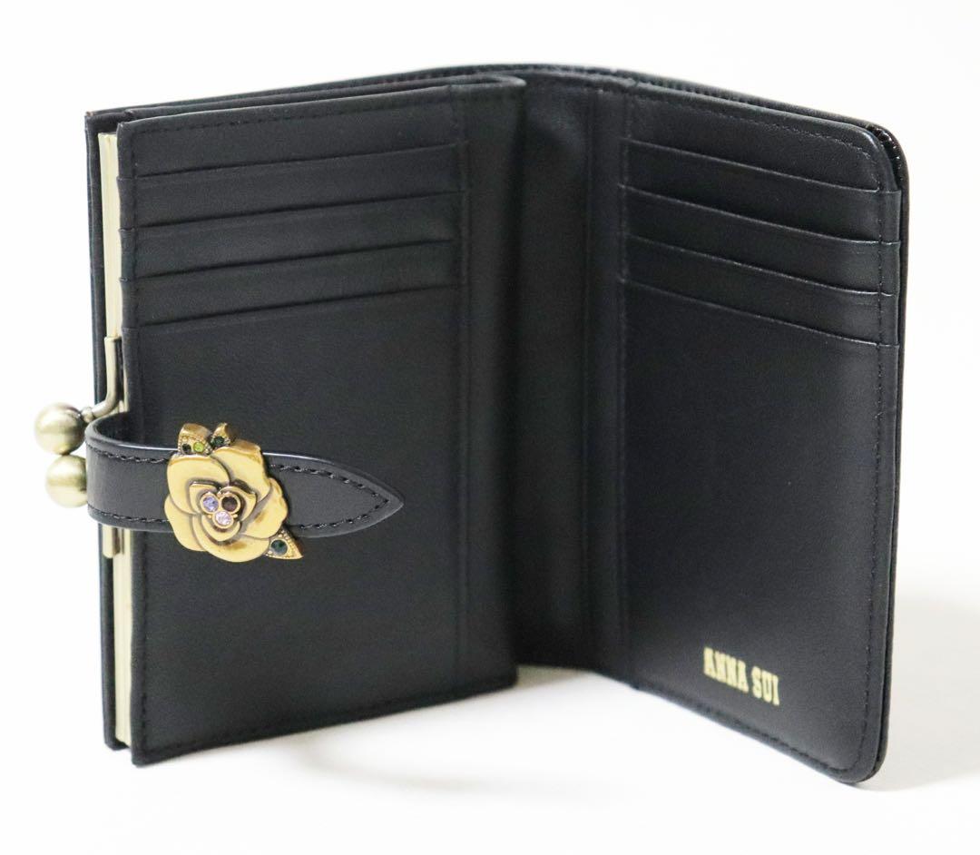 《アナスイ》未使用 ポケット多数 上品薔薇ブローチ付 レザー2つ折りがま口財布