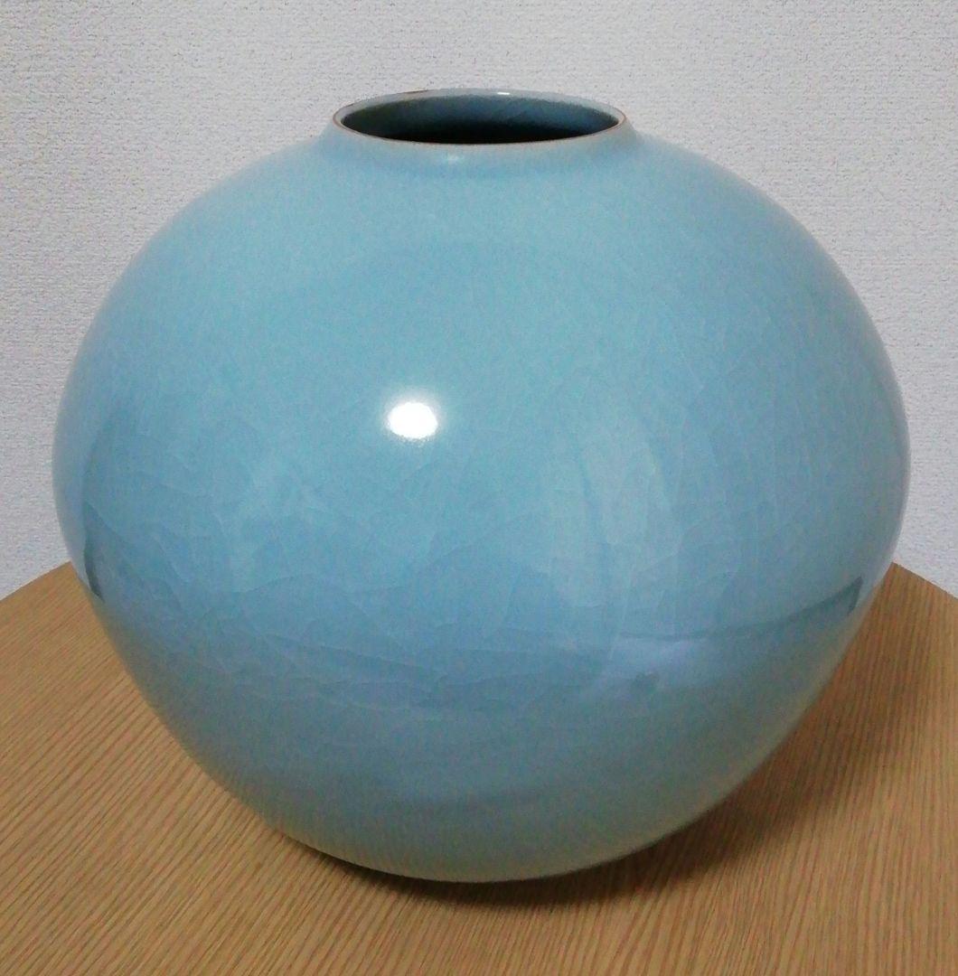 小野卓作　青磁　大壺　花入　共箱　略歴付　花瓶