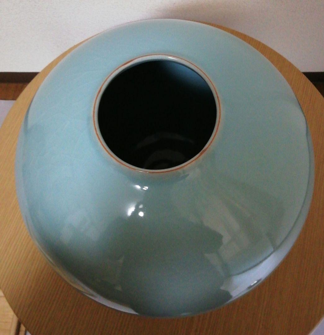 小野卓作　青磁　大壺　花入　共箱　略歴付　花瓶