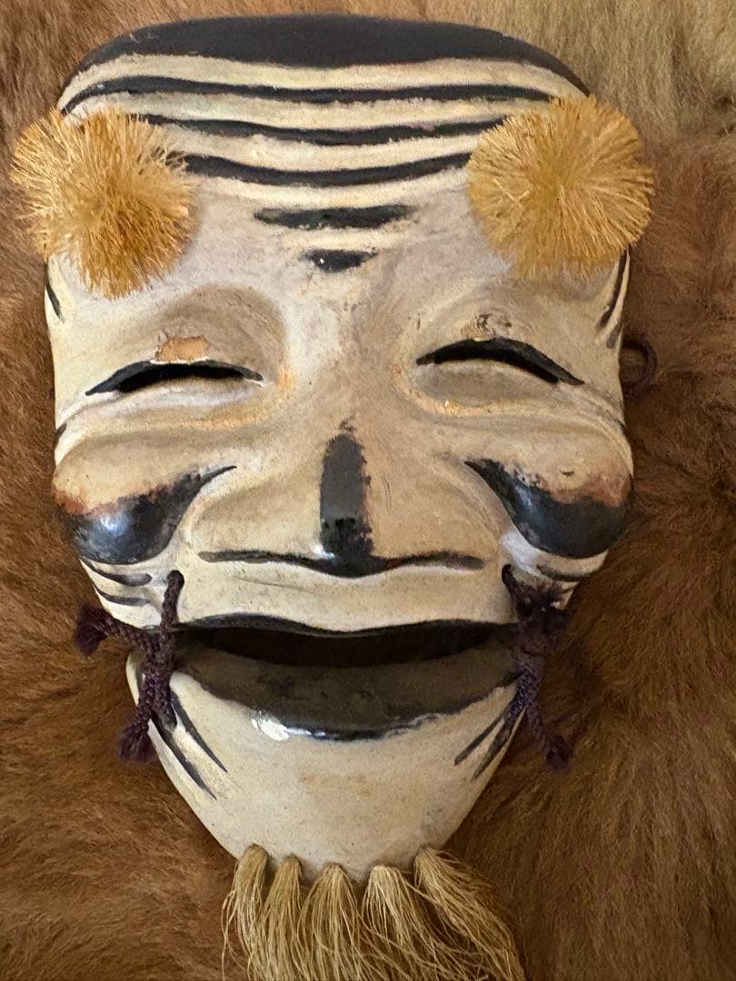 能面 木製 黒白　コットン　ビンテージ　日本