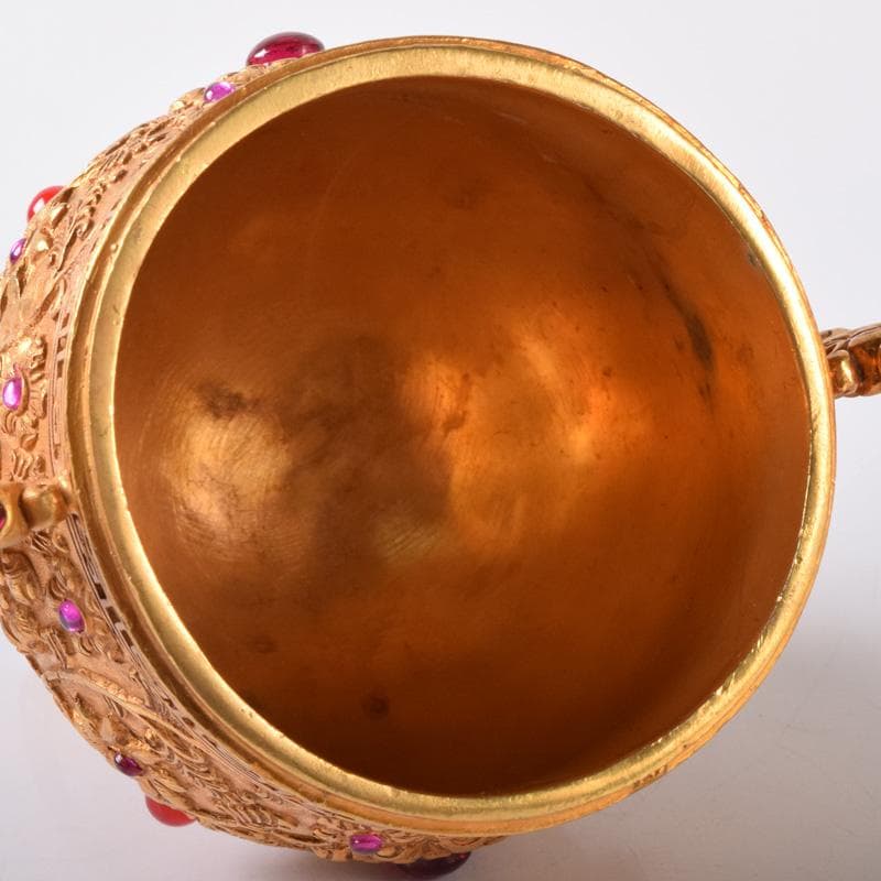 中国　古銅鍍金　双耳三つ足杯　一對　時代箱付　V　7593A