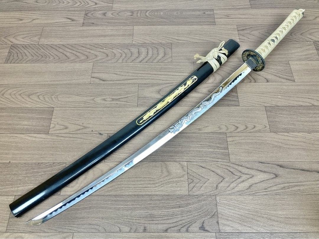 模造刀 2本セット 彫金 竜金 竜刀身 太刀 小太刀 刀置き付き